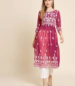 Ethnic motifs embroidered Round neck Three-quarter, regular sleeves Anarkali shape with pleated styleThread work
