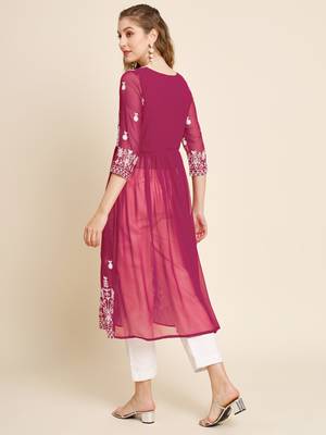 Ethnic motifs embroidered Round neck Three-quarter, regular sleeves Anarkali shape with pleated styleThread work 3
