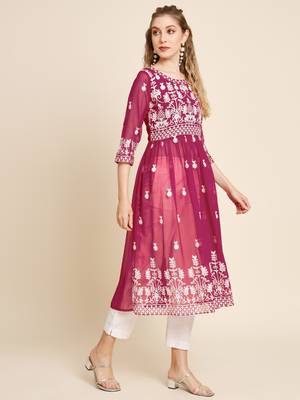 Ethnic motifs embroidered Round neck Three-quarter, regular sleeves Anarkali shape with pleated styleThread work 4