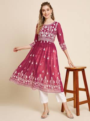 Ethnic motifs embroidered Round neck Three-quarter, regular sleeves Anarkali shape with pleated styleThread work 5