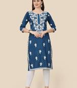 Floral embroidered Round neck Three-quarter, regular sleeves Straight shape style Knee length with straight silk kurti