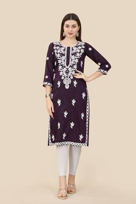 Floral embroidered Round neck Three-quarter, regular sleeves Straight shape style Knee length with straight silk kurti 1