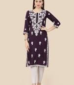 Floral embroidered Round neck Three-quarter, regular sleeves Straight shape style Knee length with straight silk kurti