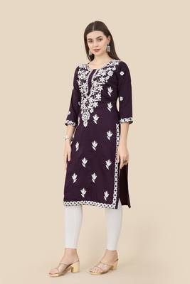 Floral embroidered Round neck Three-quarter, regular sleeves Straight shape style Knee length with straight silk kurti 2