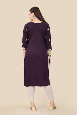 Floral embroidered Round neck Three-quarter, regular sleeves Straight shape style Knee length with straight silk kurti 3