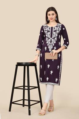 Floral embroidered Round neck Three-quarter, regular sleeves Straight shape style Knee length with straight silk kurti 4
