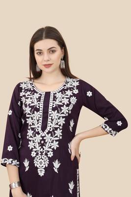Floral embroidered Round neck Three-quarter, regular sleeves Straight shape style Knee length with straight silk kurti 5