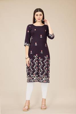 Floral embroidered Round neck Three-quarter, regular sleeves Straight shape style Knee length with straight  silk kurti 1