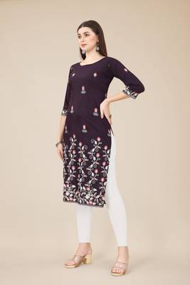 Floral embroidered Round neck Three-quarter, regular sleeves Straight shape style Knee length with straight  silk kurti 2