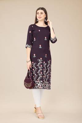 Floral embroidered Round neck Three-quarter, regular sleeves Straight shape style Knee length with straight  silk kurti 4