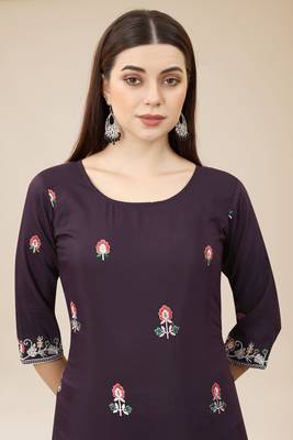 Floral embroidered Round neck Three-quarter, regular sleeves Straight shape style Knee length with straight  silk kurti 5