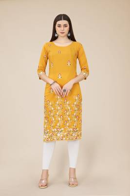 Floral embroidered Round neck Three-quarter, regular sleeves Straight shape style Knee length with straight  silk kurti 1