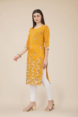 Floral embroidered Round neck Three-quarter, regular sleeves Straight shape style Knee length with straight  silk kurti 2