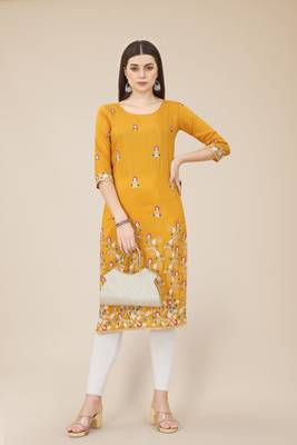 Floral embroidered Round neck Three-quarter, regular sleeves Straight shape style Knee length with straight  silk kurti 4