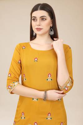 Floral embroidered Round neck Three-quarter, regular sleeves Straight shape style Knee length with straight  silk kurti 5