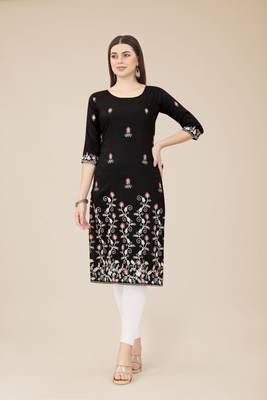 Floral embroidered Round neck Three-quarter, regular sleeves Straight shape style Knee length with straight  silk kurti 1