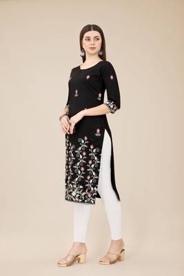 Floral embroidered Round neck Three-quarter, regular sleeves Straight shape style Knee length with straight  silk kurti 2