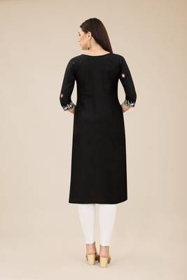 Floral embroidered Round neck Three-quarter, regular sleeves Straight shape style Knee length with straight  silk kurti 3