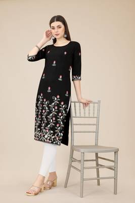 Floral embroidered Round neck Three-quarter, regular sleeves Straight shape style Knee length with straight  silk kurti 4