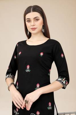 Floral embroidered Round neck Three-quarter, regular sleeves Straight shape style Knee length with straight  silk kurti 5