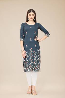 Floral embroidered Round neck Three-quarter, regular sleeves Straight shape style Knee length with straight  silk kurti 1