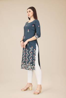 Floral embroidered Round neck Three-quarter, regular sleeves Straight shape style Knee length with straight  silk kurti 2
