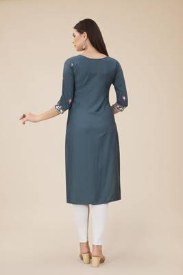 Floral embroidered Round neck Three-quarter, regular sleeves Straight shape style Knee length with straight  silk kurti 3