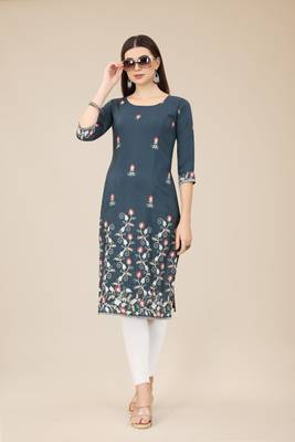 Floral embroidered Round neck Three-quarter, regular sleeves Straight shape style Knee length with straight  silk kurti 4