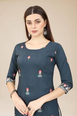 Floral embroidered Round neck Three-quarter, regular sleeves Straight shape style Knee length with straight  silk kurti 5