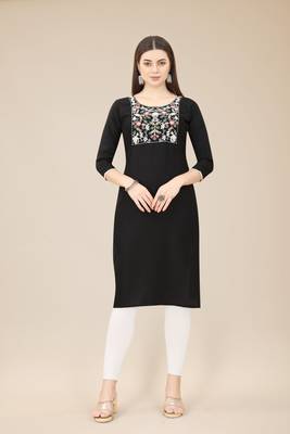 Floral embroidered Round neck Three-quarter, regular sleeves Straight shape style Knee length with straight  silk kurti 1