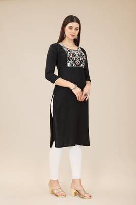 Floral embroidered Round neck Three-quarter, regular sleeves Straight shape style Knee length with straight  silk kurti 2