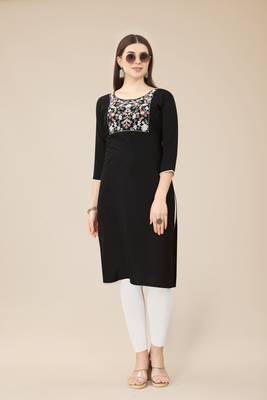 Floral embroidered Round neck Three-quarter, regular sleeves Straight shape style Knee length with straight  silk kurti 4