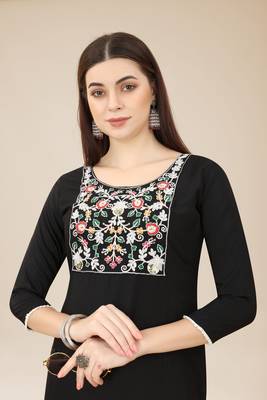 Floral embroidered Round neck Three-quarter, regular sleeves Straight shape style Knee length with straight  silk kurti 5