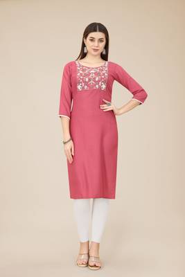 Floral embroidered Round neck Three-quarter, regular sleeves Straight shape style Knee length with straight  silk kurti 1