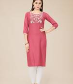 Floral embroidered Round neck Three-quarter, regular sleeves Straight shape style Knee length with straight  silk kurti