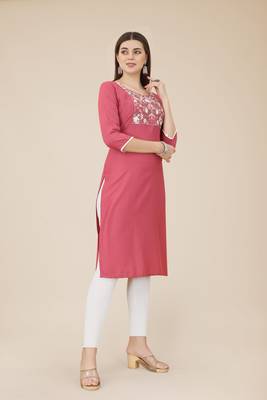 Floral embroidered Round neck Three-quarter, regular sleeves Straight shape style Knee length with straight  silk kurti 2