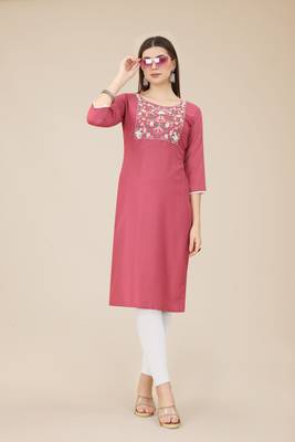 Floral embroidered Round neck Three-quarter, regular sleeves Straight shape style Knee length with straight  silk kurti 4