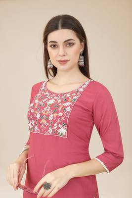 Floral embroidered Round neck Three-quarter, regular sleeves Straight shape style Knee length with straight  silk kurti 5