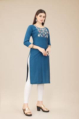 Floral embroidered Round neck Three-quarter, regular sleeves Straight shape style Knee length with straight  silk kurti 2
