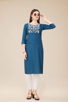 Floral embroidered Round neck Three-quarter, regular sleeves Straight shape style Knee length with straight  silk kurti 4
