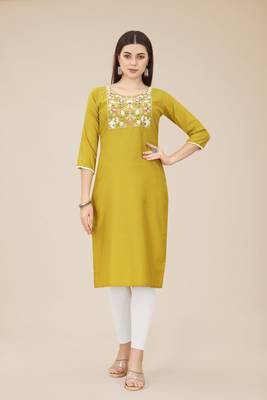 Floral embroidered Round neck Three-quarter, regular sleeves Straight shape style Knee length with straight  silk kurti 1