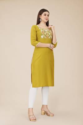 Floral embroidered Round neck Three-quarter, regular sleeves Straight shape style Knee length with straight  silk kurti 2