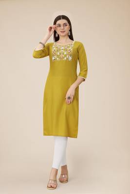 Floral embroidered Round neck Three-quarter, regular sleeves Straight shape style Knee length with straight  silk kurti 4