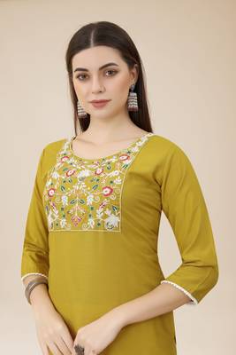 Floral embroidered Round neck Three-quarter, regular sleeves Straight shape style Knee length with straight  silk kurti 5