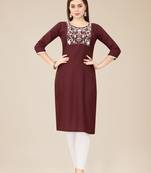 Floral embroidered Round neck Three-quarter, regular sleeves Straight shape style Knee length with straight  silk kurti