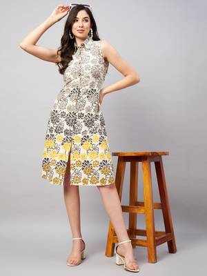 Beige printed cotton short-dresses 1