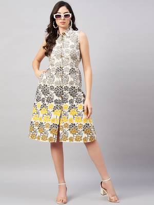 Beige printed cotton short-dresses 2