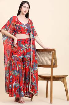 Red printed georgette long-dresses