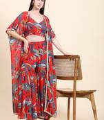 Red printed georgette long-dresses
