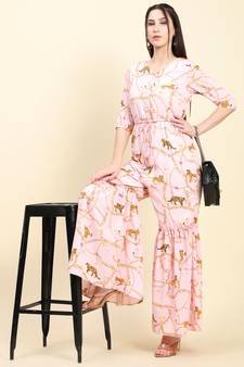 Peach printed crepe jumpsuits